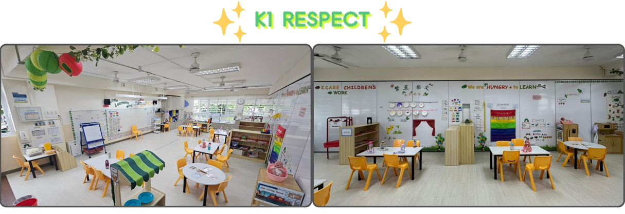 Two views of a bright K1 Respect kindergarten classroom with yellow chairs, small tables, and colorful wall displays.